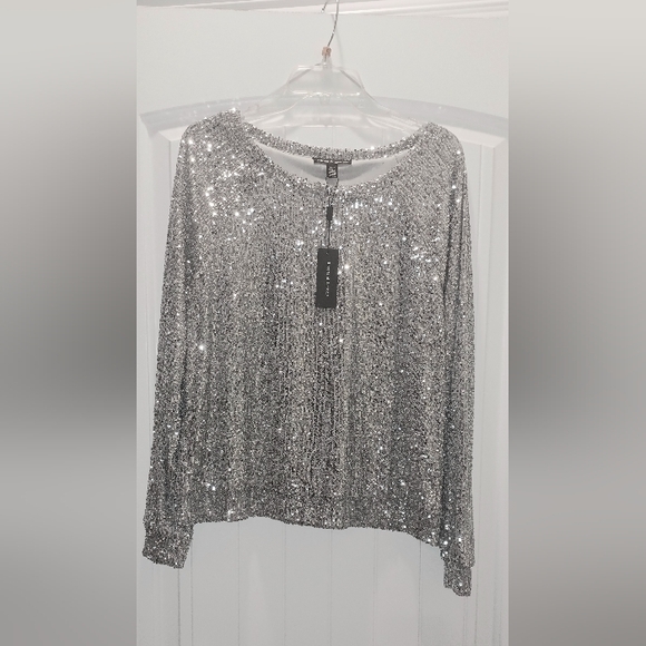 Cable & Gauge Women Silver Sequined Long Sleeves Scoop Neck Size Large - Picture 3 of 5